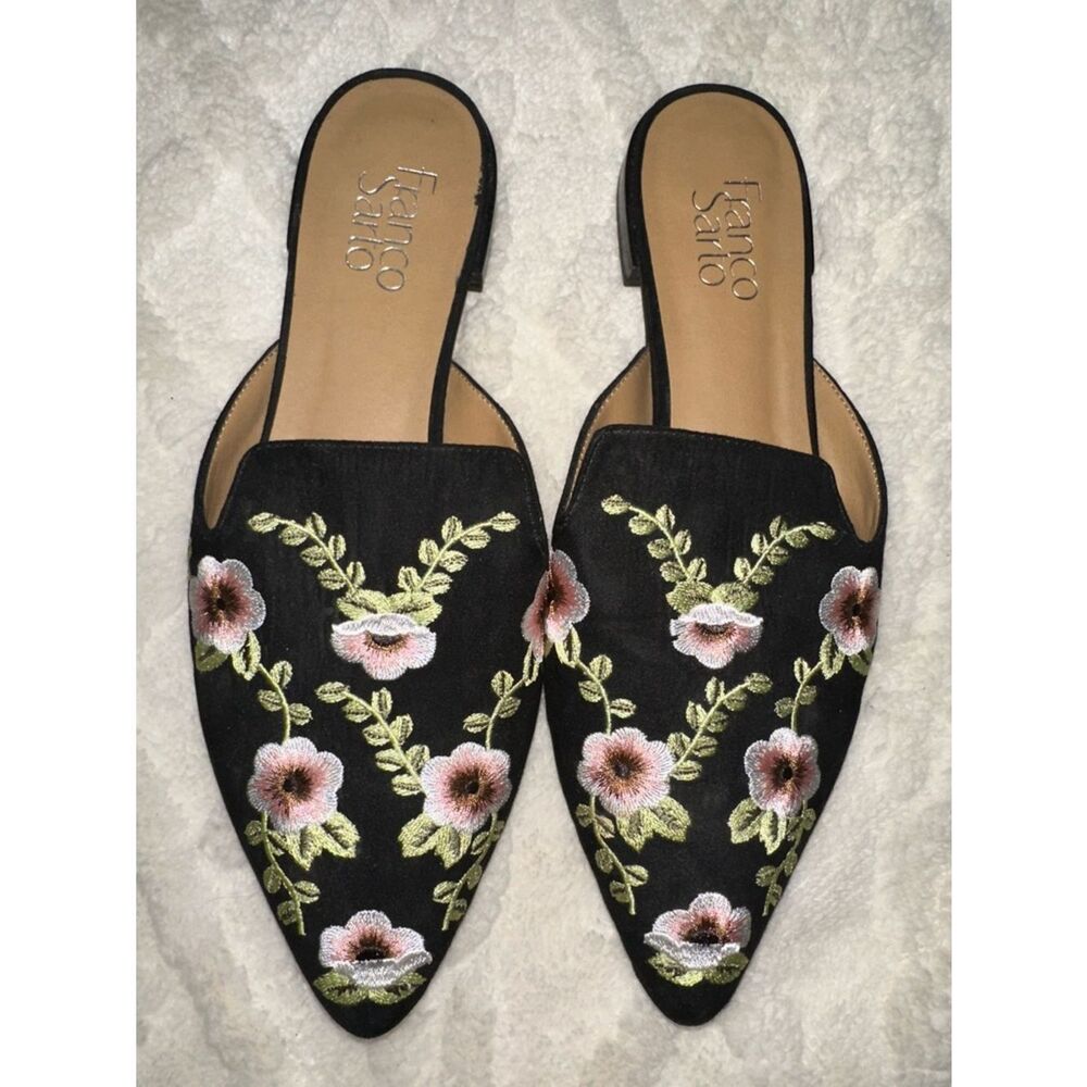 Franco Sarto 9 RUSSO 2 Black Pink White Green floral embroidered slip-on mules - Picture 2 of 10